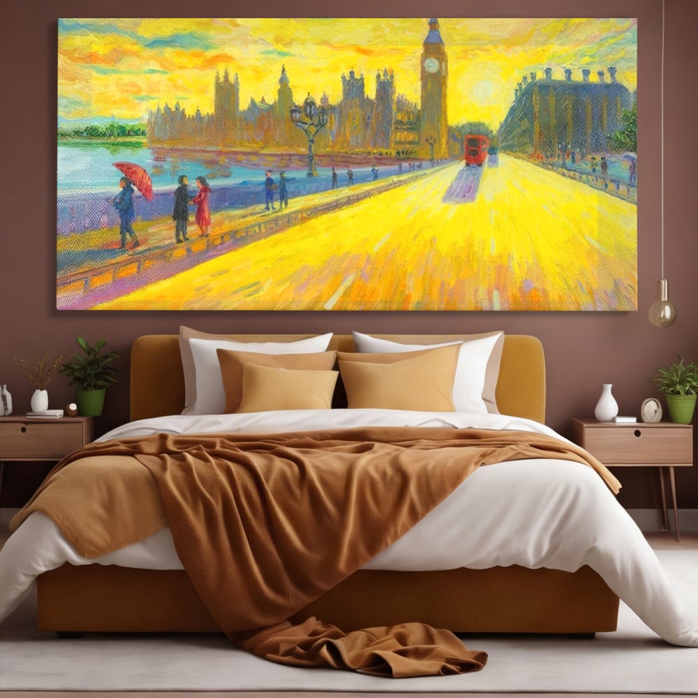 Tablou canvas cu tablou canvas cu londra si big ben, fara rama, pe sasiu de lemn, pe perete intr-un dormitor